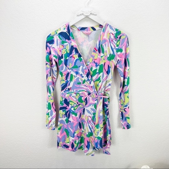 Lilly Pulitzer Tiki Wrap Romper Havin A Blast Purple Floral XXS - Picture 1 of 12